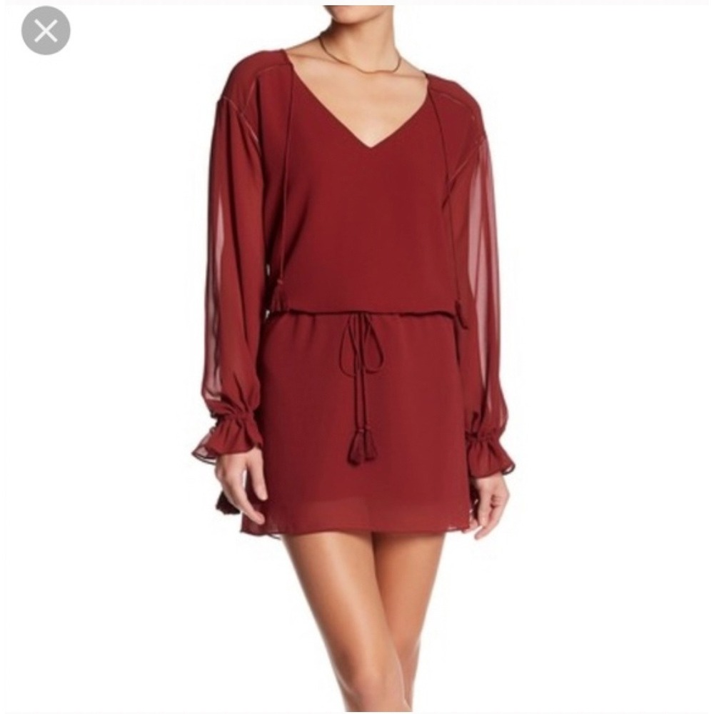 Haute‎ Hippie Burgundy Silk Tunic Dress Long Sleeve Tassel Tie NWT Size L